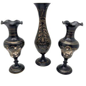 Hand Etched Black & Gold Brass Bud Vases From India Set Of 3 Vintage